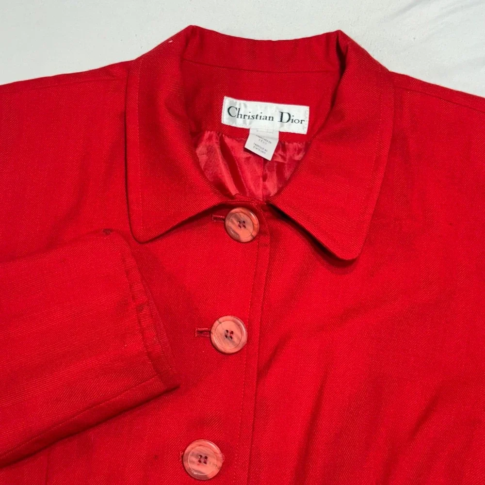 Christian Dior Blazer Womens Red Worsted Wool Herringbone Vintage Button Up USA